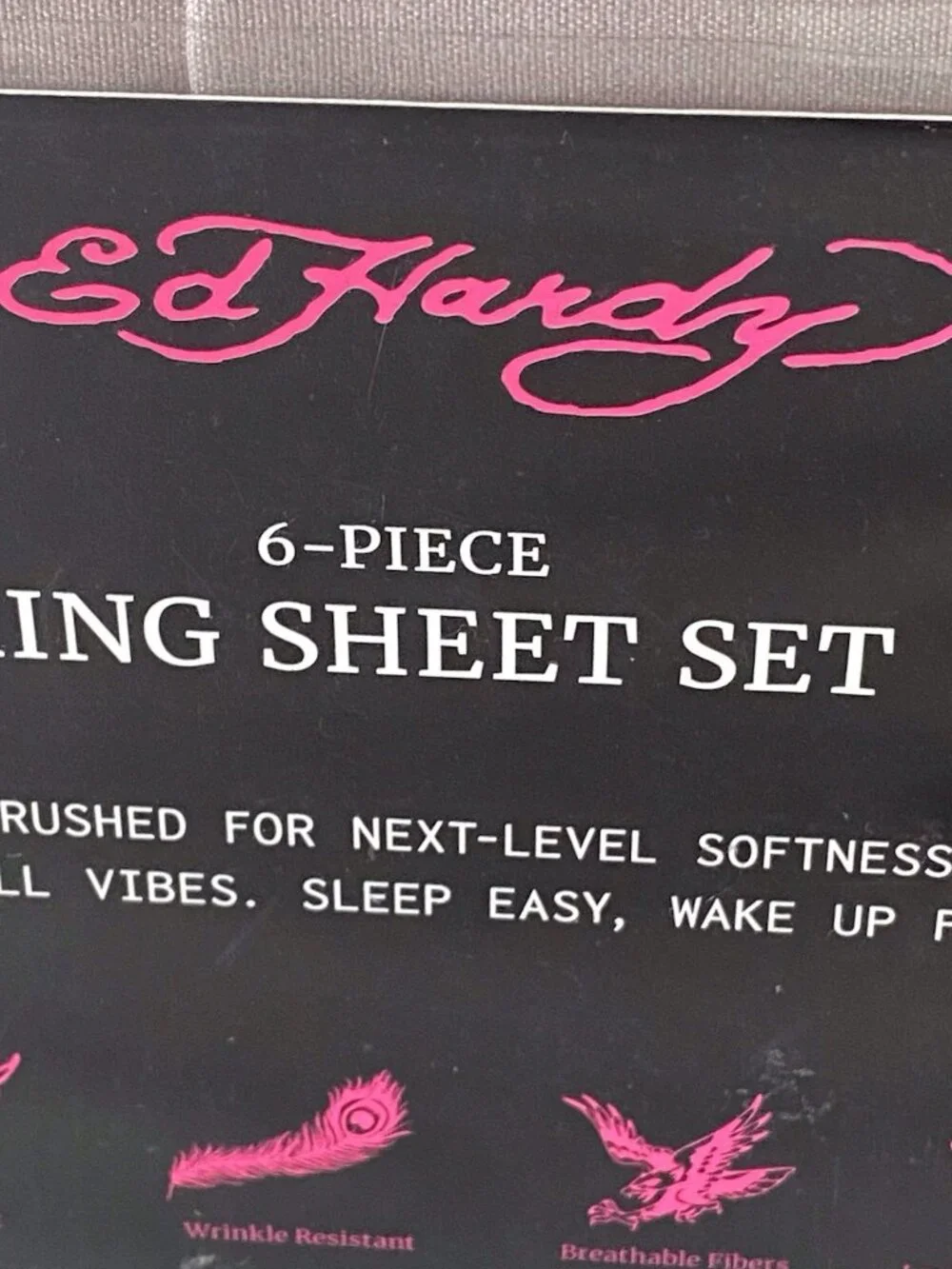 6‎ Piece Ed Hardy KING Size Sheet Set Logo Skulls Snake Hearts Roses Khaki NEW